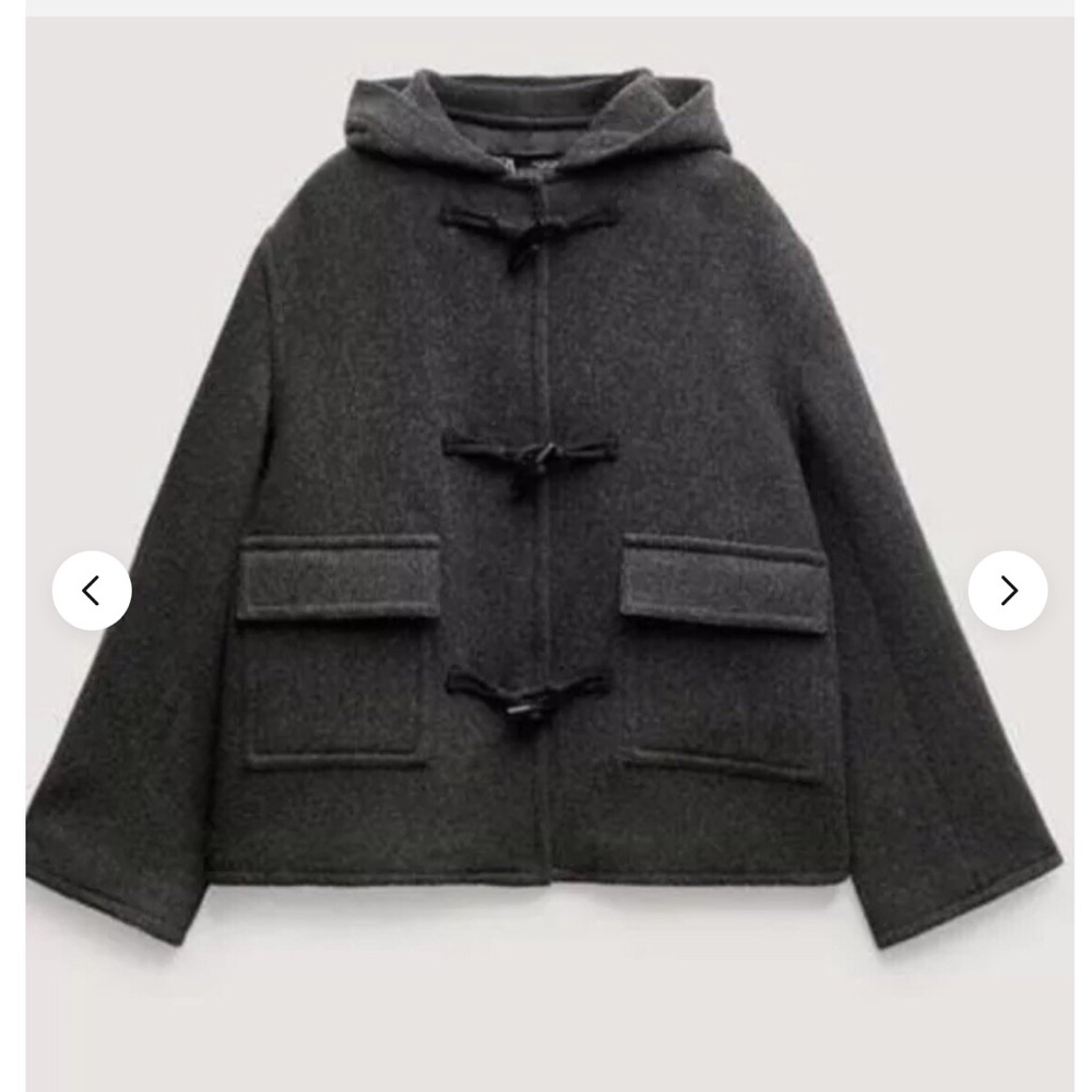 ZARA Manteco Wool Jacket Size M Womens Toggle Coat Hooded Grey $150 retail NWOT